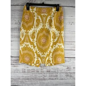 J Crew Shorts Women's 2 Yellow White Ikat Print Linen Mid Rise Pockets Summer